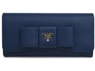 プラダ　財布　PRADA　ファスナー長札　長財布　パスケース付　後F付きポケット　ゴールド金具　サッフィアーノ　リボン　BLUETTE　カーフダークブルー　1MH132　アウトレット　ポイント5倍以上〜6/21迄！