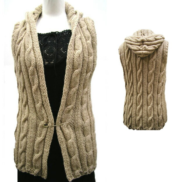 【送料無料 メール便】フード付手編みのケーブル編みウールベスト　暖かいから　冬の寒さ対策に役に立ちます