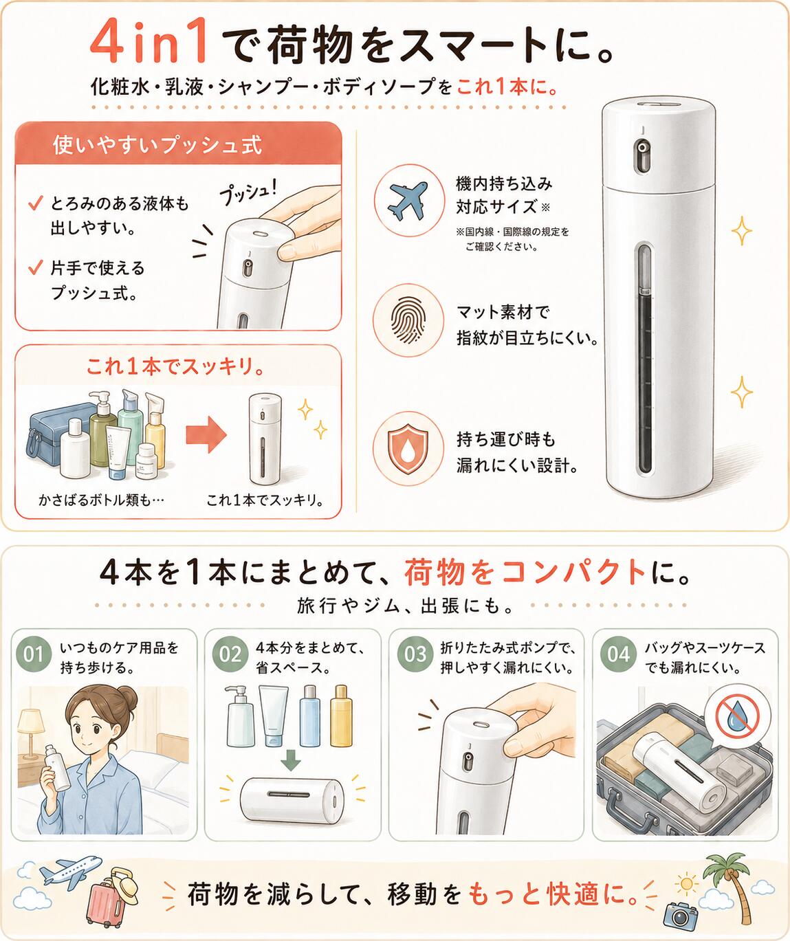 【送料無料】 4in1トラベルボトル 携帯便利 化粧品詰め替え容器 小分け容器マルチ...