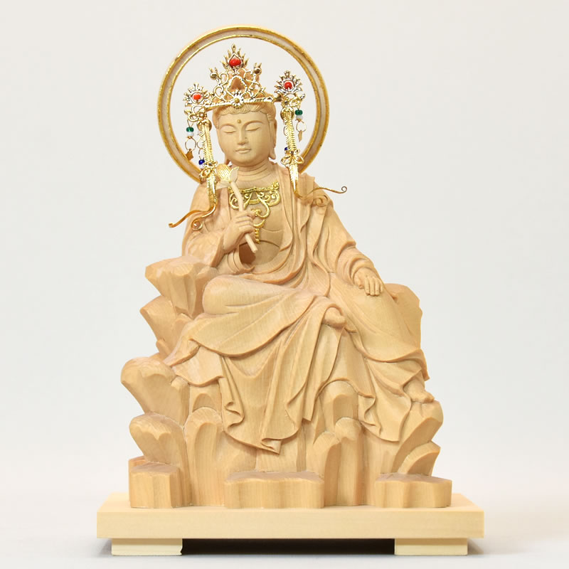 木彫り仏像 【東慶寺形水月観音坐像】 ★上彫★　桧木 総高20cm 手打飾り金具 模造作品