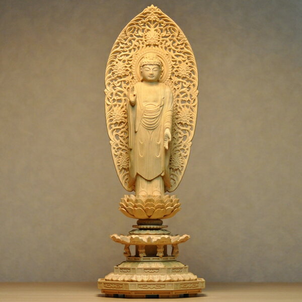 木彫り仏像　【舟形阿弥陀如来立像】　八角台　柘植（つげ）　立4.0寸