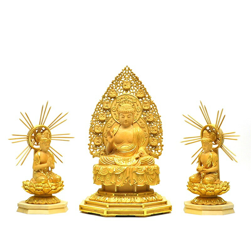 模倣作品　★夏瑞分作　復刻手彫り仏像　三千院形【国宝阿弥陀三尊像】　桧木切金　中尊身丈：3.5寸　※ご注意：代金引換は対応できません。