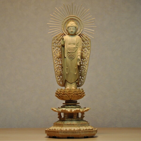 木彫り仏像 【西形阿弥陀如来】 八角台 柘植(ツゲ) 立4.0寸 浄土真宗 御本尊