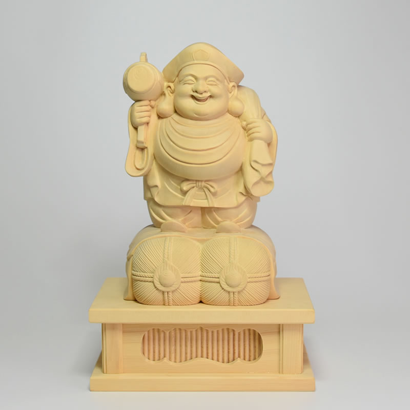木彫り仏像　桧木【大黒天】箱台付　総高25cm