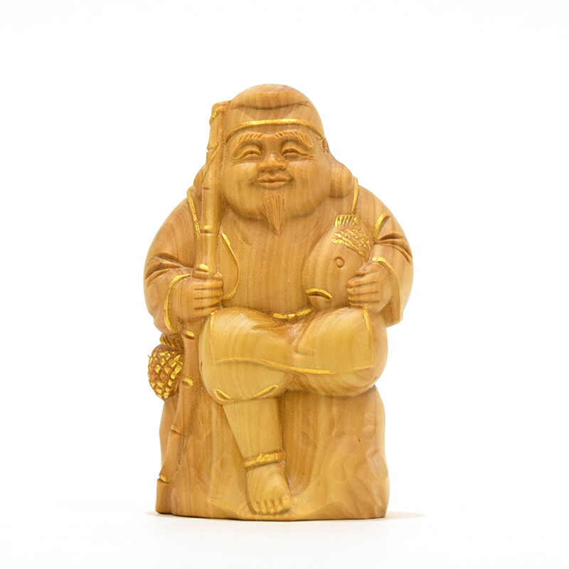 木彫り仏像　柘植恵比須（恵比寿）　金泥書　高さ8.5cm
