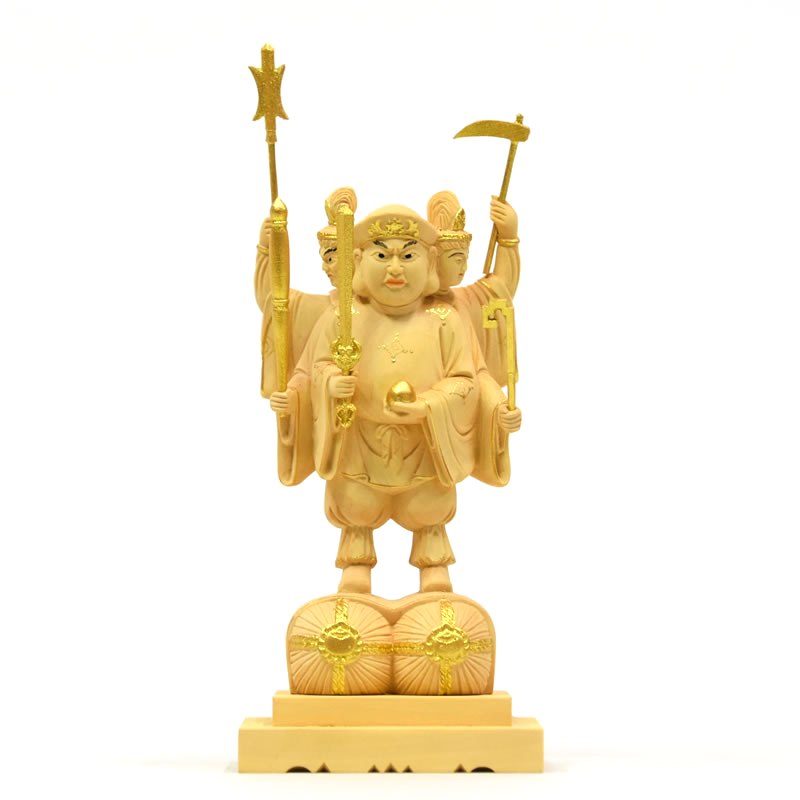 木彫り仏像　小仏【三面出世大黒天】　柘植　金泥仕様　比叡山形三面大黒天
