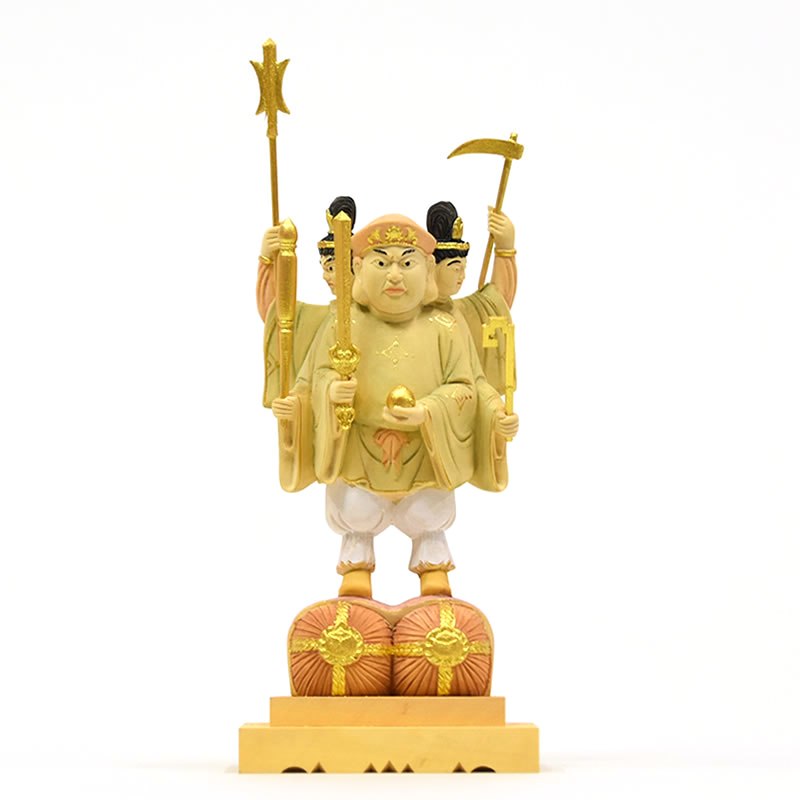 木彫り仏像　小仏【三面出世大黒天】　柘植　淡彩色　比叡山形三面大黒天