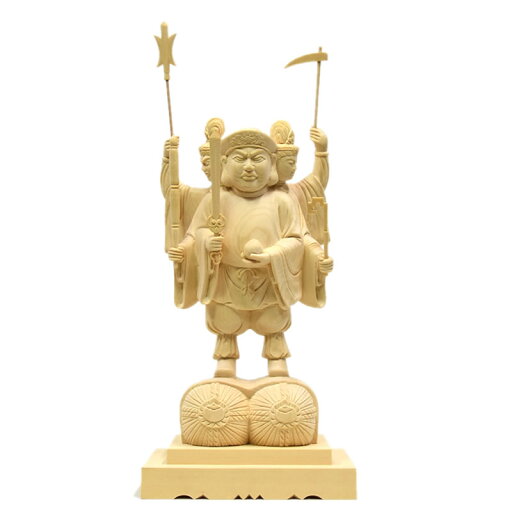 木彫り仏像 【三面出世大黒天】 桧木 立5.0寸 総丈33cm 比叡山形三面大黒天 木彫り仏像 【三面出世大黒天】 桧木 立5.0寸 総丈33cm 比叡山形三面大黒天