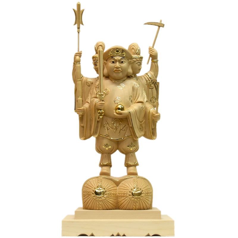 木彫り仏像　【三面出世大黒天】　桧木　立5.0寸　切金　総丈33cm　比叡山形三面大黒天