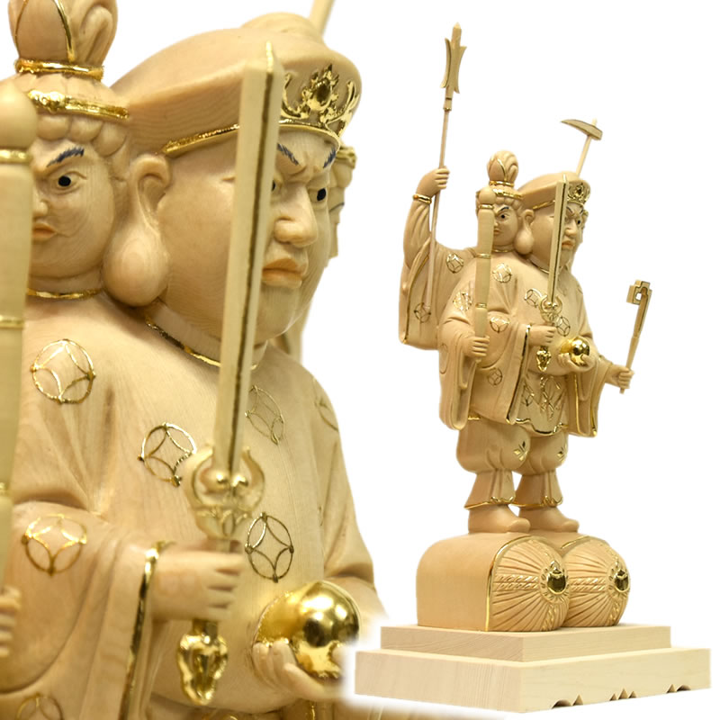 木彫り仏像　【三面出世大黒天】　桧木　立5.0寸　切金　総丈33cm　比叡山形三面大黒天 3