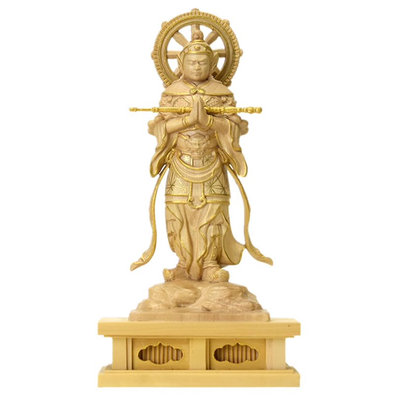 木彫り仏像　小仏【韋駄天立像】　柘植　金泥　天神/守護神