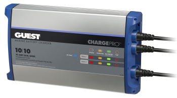 12V　2系統出力20A完全防水、フルオートマチックバッテリーチャージャー。 12V×2または24V（12V直列）の充電に使用できます。 満充電後は自然放電に見合った電流が流れ常に満充電を維持します。 バッテリー電源が消費された場合自動再充電します。 大型ボート、ヨット、船外機船、バスボートなどに最適です。 【仕様】 交流入力：AC90～135V　50/60Hz 出力：10A×2口 サイズ：328×229×104mm　重量：3.0kg ケーブル長：充電ケーブル：2×1.8m　　電源ケーブル：1.8m　