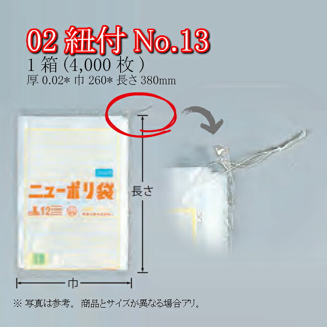 ニューポリ袋 02紐付 No.13 ケース販売 4000枚入 透明 平袋 送料無料 サイズ 厚0.0...