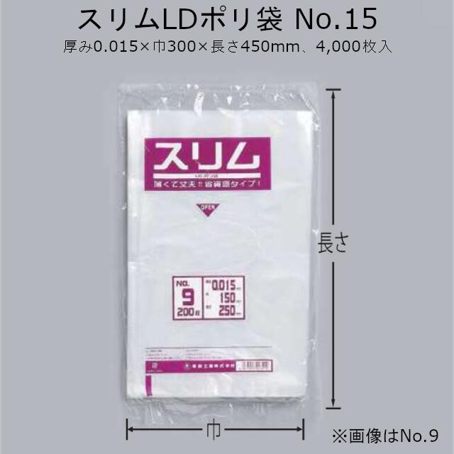 商品名 スリムLDポリ袋0.015 No.15 商品コード 0439861 厚み幅×長さ(mm) 0.015mm300×450mm ケース入数 4,000枚 包装 袋入数：200枚化粧箱入数：2,000枚 形状／色／素材 平袋／透明／LDPE メーカー 福助工業株式会社 販売者 株式会社梶本 ◇特徴◇ ●省資源化、容器リサイクル法に対応した最薄ポリ規格袋です。 ●内容物がはっきりと見えます。 ●小分け用途、POS対応袋など便利にご使用できます。 ●この商品は改正食品衛生法に対応しています。 ※「思ったよりかなり薄い」と感じられるかもしれません。 用途に応じてニューポリ等厚み違いの袋との使い分け・ご選択をお願い致します。 ※本品はメーカー直送品になります。 注意点をご確認の上、ご注文をお願い致します。 ↓↓【ヒモ付き】ご入用の方はこちらから↓↓安心の国産！国内メーカー・国内生産です。 ↓↓画像クリックで店舗内検索へ↓↓サイズ違い等類似品お探しの際に便利です♪ ↑↑画像クリックで店舗内検索へ↑↑サイズ違い等類似品お探しの際に便利です♪ 本ページの商品以外についても、福助工業のカタログ掲載品・ケース単位であれば 全品(「関連商品」除く)取り扱い可能！ 楽天のページが見つからなくても、お気軽にお問合せ下さい！