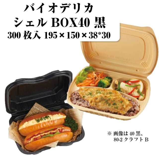 バイオデリカ シェルBOX40 黒 本体フタ一体型 ケース販売 300枚入 サイズ195×150×30/38mm 送料無料 電子レンジ対応 耐熱 バイオマス 環境配慮 嵌合パック リス リスパック 業務用 食品容器 お弁当 RHDT101 社内0900040101160