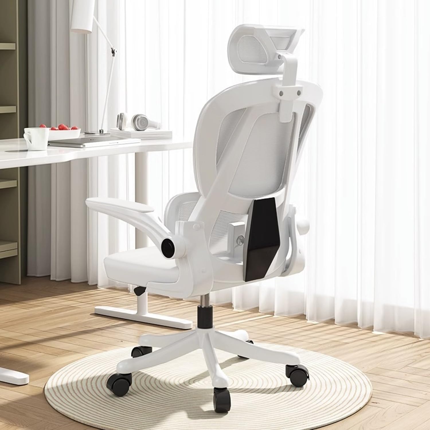 オフィスチェア デスクチェア 腰サポートバー 通気性 無段階昇降 360度回転 メッシュチェアー 跳ね上げ式アームレスト ロッキング機能 人間工学 椅子 （モダン、しろい）