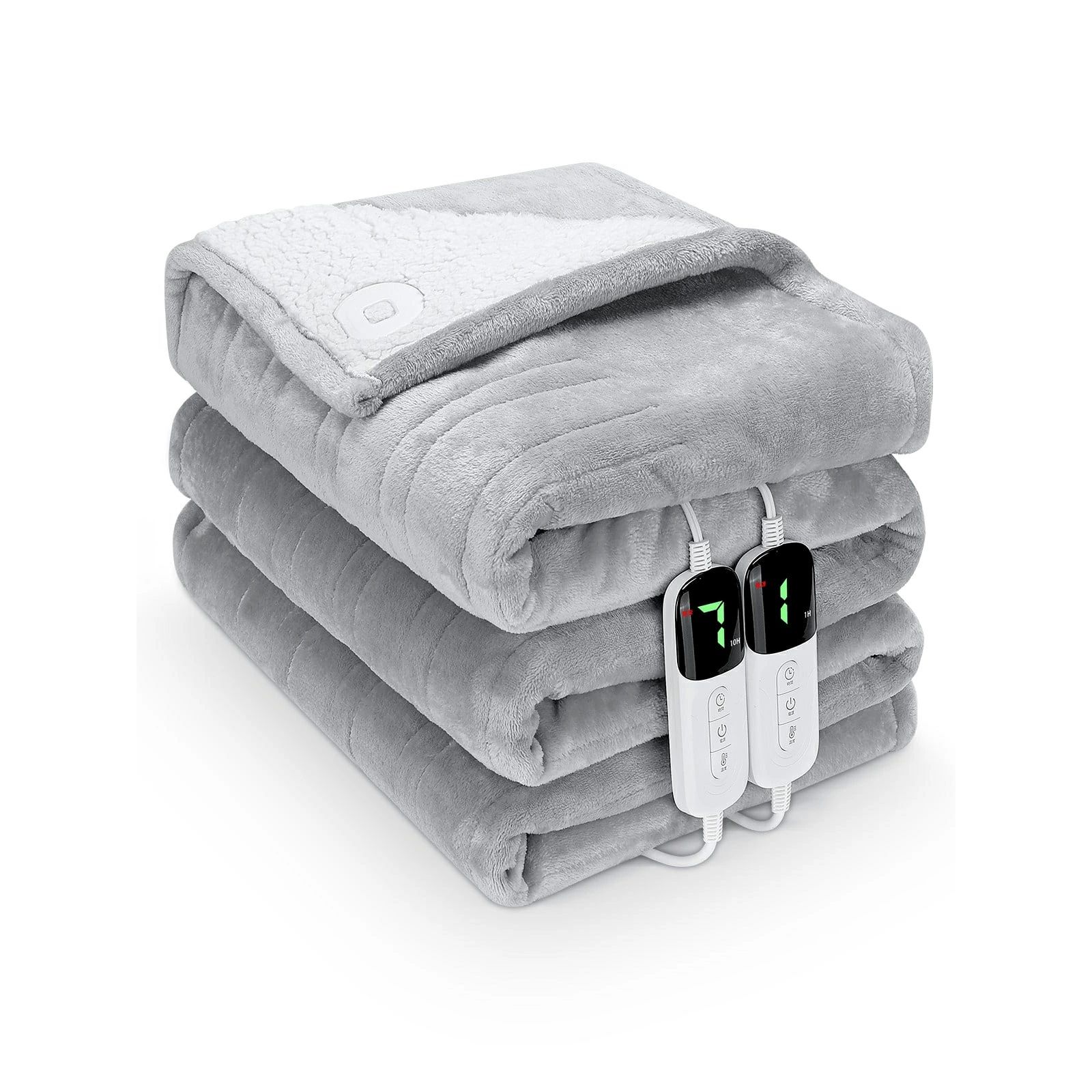 電気毛布 掛け敷き兼用 180×200cm デュアルコントローラー付き【大判サイズ＆極柔フランネル】6段階温度調節 8段階タイマー 自動電源オフ 丸洗いOK 静電気防止 速暖 防寒 節電 グレー／ロイヤルブルー ダブルサイズ 掛け毛布 敷き毛布