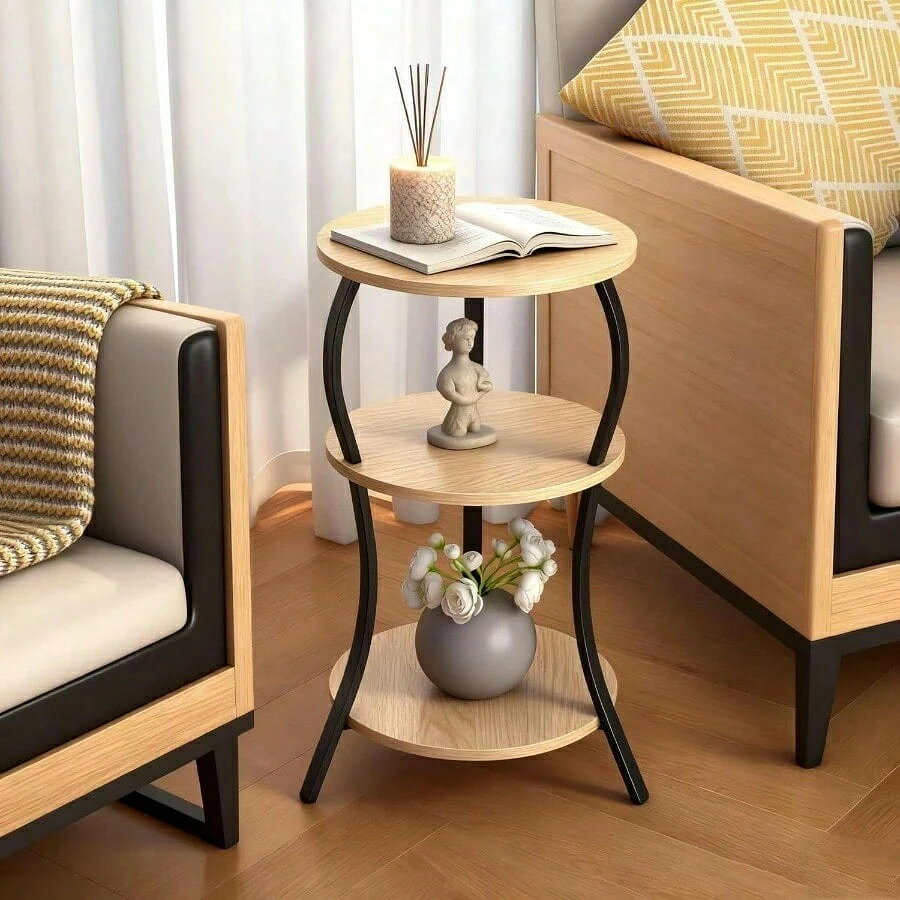 レトロ木目調 3段サイドテーブル ベッドサイドテーブル ナイトテーブル おしゃれ 木製 鉄製フレーム コ..