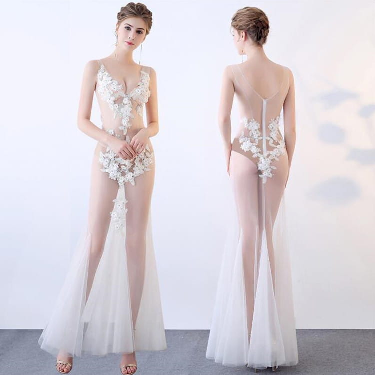 【送料無料】ドレス ワンピース ナイトドレス 透ける シースルードレス タイトワンピース 花飾り チュ..