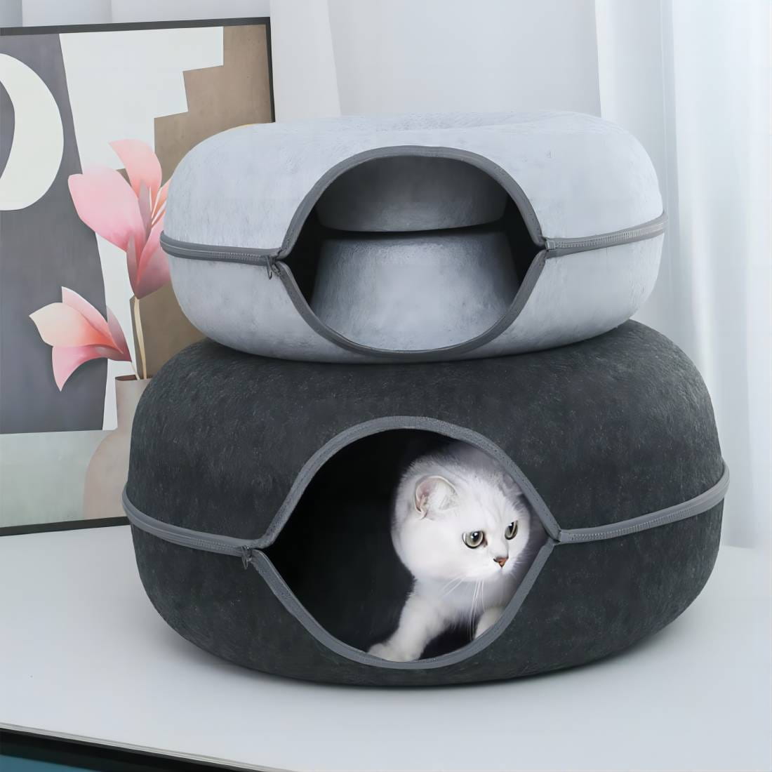 Rakuten - ドーナツ型 キャットトンネル 洗える フエルト製 ペットベッド ドーム型 猫 キャットハウス トンネル ねこハウス おもちゃ ペットソファー 寝床 ハウス 子猫