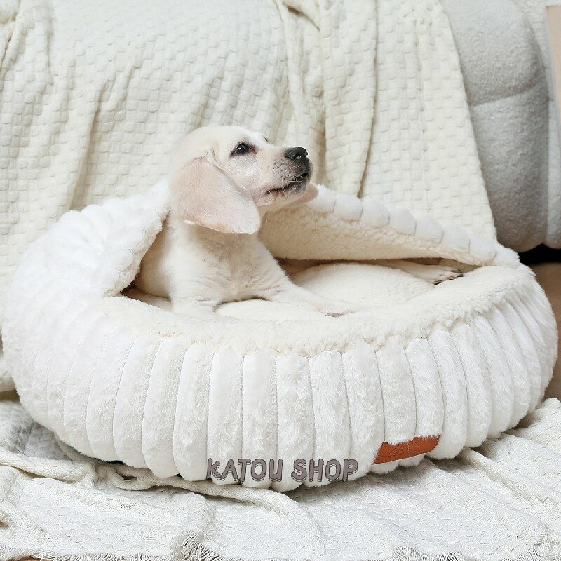 KAJOU SHOPのペットベッド 冬用ペットハウス防寒 犬ベッド 猫ベッド 高品質 うさぎファー もこもこ フタ付きブランケット 防寒対策 あったか コーデュロイ 直条｜アングル2