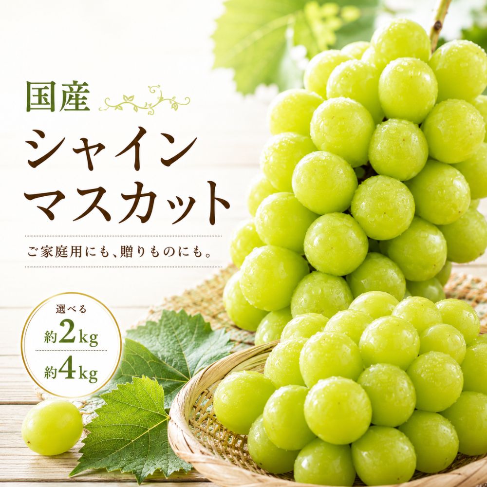 国産シャインマスカット ご家庭用にも、贈りものにも。 皮ごとパクッと楽しめる、種なしの大粒マスカット。 約2kg・約4kgの2サイズからお選びいただけます。 ■ 皮ごと楽しめる、国産シャインマスカット 大粒の実をひと粒取って、そのままパクッと。 皮ごと食べられて、種なしで食べやすいシャインマスカットです。 皮をむく手間が少ないので、冷やしてそのまま手軽にお楽しみいただけます。 毎日のおやつや食後のデザートはもちろん、 家族や友人と囲むフルーツにもおすすめです。 ※生育状況等により、まれに種が入る場合があります。 ■ 用途に合わせて選べる2サイズ 約2kg（2～5房前後） ご家庭で楽しみたい方におすすめ。 毎日のおやつや食後のデザート、 少人数で楽しみたい方にも選びやすいサイズです。 ご自宅用はもちろん、気軽な贈りものにもご利用いただけます。 約4kg（5～10房前後） シャインマスカットをたっぷり楽しみたい方におすすめ。 ご家族でのシェアや、複数人で楽しむフルーツとしても。 たっぷり贈りたいときの贈答用としてもおすすめです。 ※房数は目安です。重量を基準に梱包するため、果実や房の大きさによって房数が前後します。 ■ ご家庭用にも、贈答用にも シャインマスカットは、ご自宅で楽しむフルーツとしてはもちろん、 大切な方への贈りものにもおすすめです。 季節のご挨拶や、お祝い、お礼、誕生日など、 さまざまなシーンでご利用いただけます。 「家族で一緒に楽しみたい」 「お世話になった方へフルーツを贈りたい」 そんなときにも選びやすい商品です。 ※化粧箱・熨斗・包装等のギフト仕様は要確認となります。 ■ 国内産をお届け 国内産のシャインマスカットをお届けします。 ブランドや産地県を限定せず、 その時期にご用意できる国産シャインマスカットをお届けする商品です。 ブランド・産地県の指定は承っておりません。 ■ こんなシーンにおすすめ ・朝食のフルーツに ・毎日のおやつに ・食後のデザートに ・家族で楽しむフルーツに ・来客時のおもてなしに ・ご家族や友人とのシェアに ・お祝いの贈りものに ・誕生日プレゼントに ・お礼や季節のご挨拶に ■ クール便・送料無料でお届け 商品はクール便でお届けします。 送料込みの商品ですので、送料無料でお届けします。 商品到着後は速やかに箱を開け、商品の状態をご確認ください。 ■ 商品情報 商品名：国産シャインマスカット 産地：国内産 内容量：約2kg または 約4kg 房数：約2kg＝2～5房前後／約4kg＝5～10房前後 配送方法：クール便 送料：送料無料 保存方法：冷蔵 ■ ご購入前にご確認ください ・ブランド、産地県の指定は承っておりません。 ・記載の房数は目安となります。重量を基準に梱包するため、房数は前後する場合があります。 ・青果物のため、粒の大きさ、房の形、色味などには個体差があります。 ・生育状況等により、まれに種が入る場合があります。 ・配送中の振動等により、房から粒が外れる場合があります。 ・商品到着後は速やかに開封し、商品の状態をご確認ください。