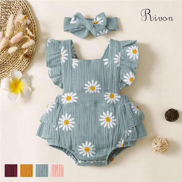 ＼2点セット／ベビー服 新生児ロンパース+ヘッドバンド 2点セット 女の子 長袖 フリル 無地 ボタン 赤..