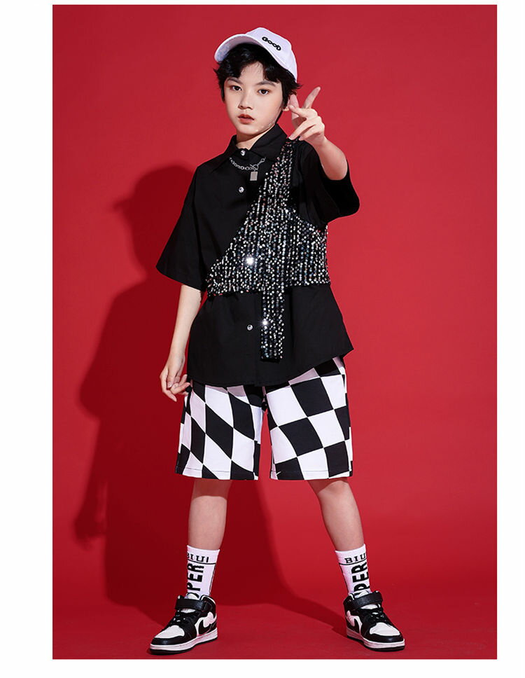 シャツ 女の子 男の子 ジュニア ブラック 発表会 チェック柄 ショートパンツ ダンス衣装 スパンコール アシンメトリーベスト ヒップホップ 半袖 ストリート系 ガールズ ジャッズ カッコイイ DJ