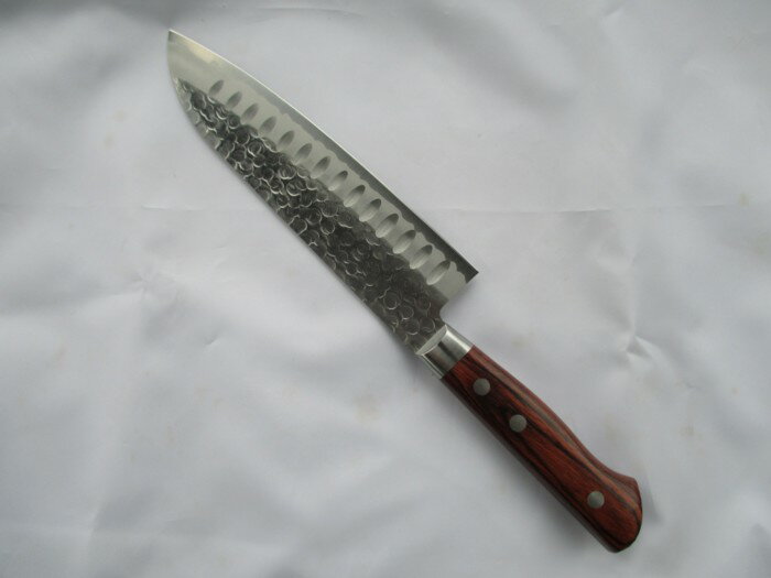 三徳包丁　リブ付　V10ゴールド　鎚目　口金付き　マホガニ柄