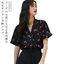 総柄 ブラウス レディース チェリー柄 サクランボ柄 柄シャツ 開襟 半袖 シャツ 柄プリント レトロ ヴィンテージ 大人可愛い シフォン トップス 総柄シャツ 大人 カジュアル おしゃれ コンパクト ブラック 黒 通学 通勤 デイリー 【送無】