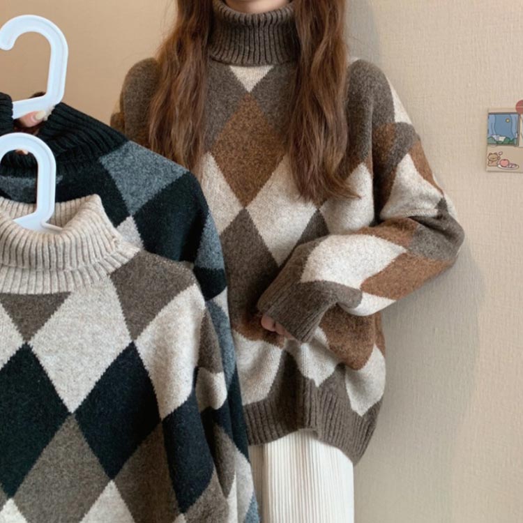 【送料無料】ニットセーター タートルネック アーガイル柄 総柄 配色 レディース ニット プルオーバー 秋 冬 ニット トップス 厚手 あたっか もちもち ゆったり 大人可愛い 韓国ファッション カジュアル おしゃれ