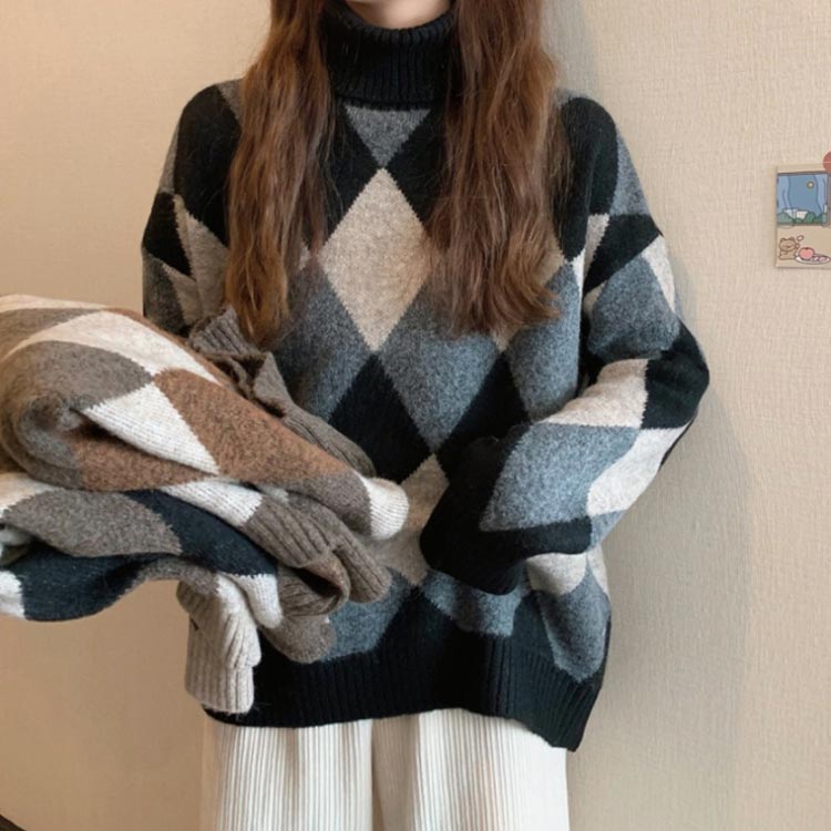 【送料無料】ニットセーター タートルネック アーガイル柄 総柄 配色 レディース ニット プルオーバー 秋 冬 ニット トップス 厚手 あたっか もちもち ゆったり 大人可愛い 韓国ファッション カジュアル おしゃれ