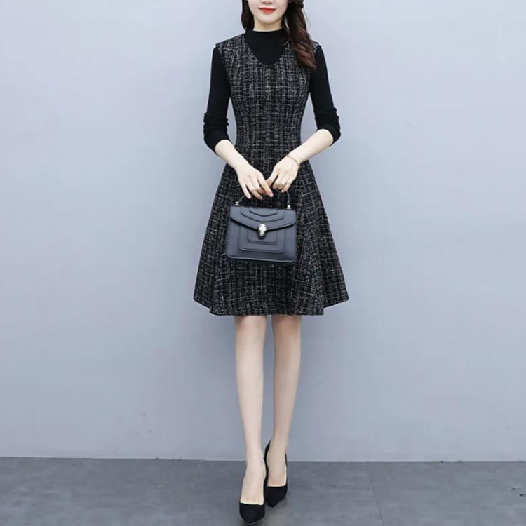 ジャンパースカート Vネック 膝丈 サロペット スカート ツイード 厚手 裏地付き ポケット付き レディース ノースリーブ ワンピース aライン フレア セレモニー フォーマル 大人 おしゃれ 春 秋 冬 30代 40代 50代