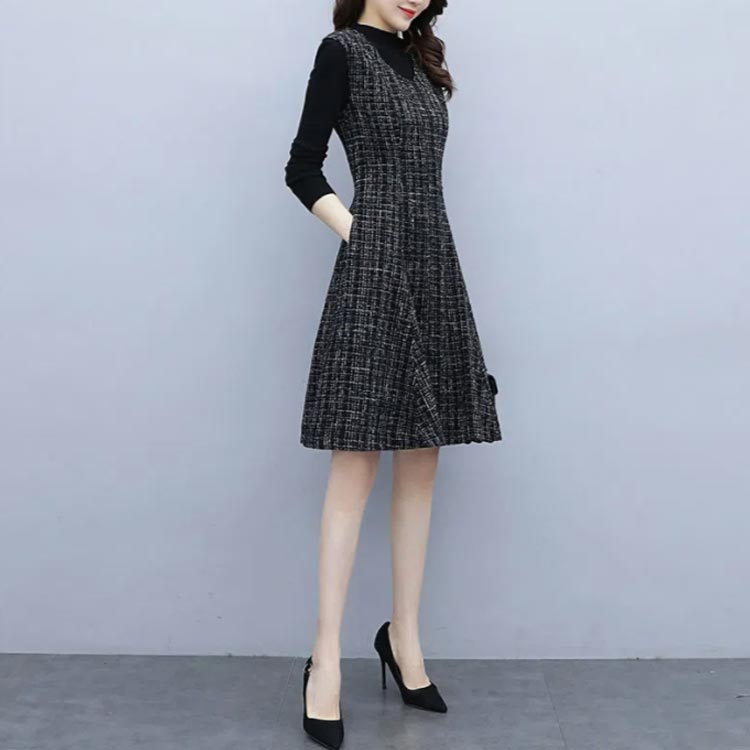 ジャンパースカート Vネック 膝丈 サロペット スカート ツイード 厚手 裏地付き ポケット付き レディース ノースリーブ ワンピース aライン フレア セレモニー フォーマル 大人 おしゃれ 春 秋 冬 30代 40代 50代