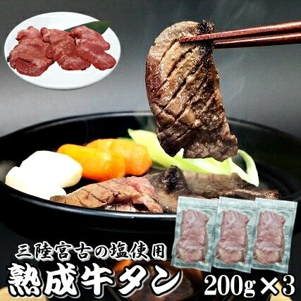 牛タン 200g 3袋 600g 三陸宮古の塩 厚切り 熟成牛タン スライス 味付 仙台 牛たん 5〜6人前 手切り 小分け 大容量 送料無料 岩手