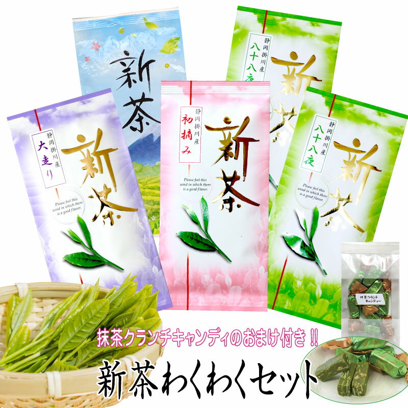 日本茶 お茶 新茶わくわく5袋セット 大走り100g×1袋＋初摘み100g×1袋＋ 八十八夜100g×2袋新茶 富士の里×1袋 掛川茶 お茶 深蒸し茶 緑茶 送料無料 静岡茶 煎茶 緑茶 深むし茶 急須 茶葉 カテキン 抹茶クランチキャンディおまけ付