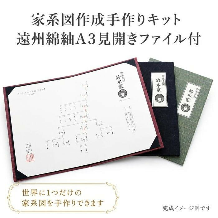 命つながる家系図 家系図作成本格キット 大切な家族の記憶を、家系図という一冊に。 家系図を作成することは、 ただ名前を書き並べることではありません。 「この人はどんな人だったのだろう」 「祖父母は、どこで生まれ育ったのだろう」 「私たちの家族は、どこからつながってきたのだろう」 家系図を作りながら、家族の歴史を知り、 家族との会話が生まれ、 これまで知らなかった大切な思い出に出会う。 そんな時間そのものを、未来へ残していただくための 家系図作成キットです。 家族の歴史を、上質な一冊に。 本キットでは、家系図を大切に保管できるよう、 遠州綿紬を使用したA3綴じファイルをご用意しました。 遠州地方で受け継がれてきた伝統織物「遠州綿紬」。 素朴で温かみのある風合いと、 一つひとつ表情の異なる織物の美しさが、 家族の歴史を綴る一冊を上品に彩ります。 長く大切にしたい家系図だからこそ、 紙だけではなく、 日本の伝統と手仕事を感じられるファイルに収める。 ご自宅に置いておきたくなる、 そして次の世代へ受け継ぎたくなる家系図を目指しました。 出来上がった家系図は、インテリアとして家族の目に留まるところに飾って、来客される方には自慢していただきたい。 「書く」だけではなく、「家族で作る」家系図。 家系図作成は、一人で黙々と進めるだけのものではありません。 ご兄弟で昔の記憶を語り合ったり、 ご家族で写真や古い資料を探したり、 お子さまやお孫さまと一緒に祖先について調べたり。 「おじいちゃんのお父さんは、どんな人だったの？」 「この写真は誰？」 「昔はこの町に住んでいたんだよ。」 そんな何気ない会話が、 家族の大切な思い出になっていきます。 夏休みや冬休みなどの長期休暇に、 ご家族みんなで家系図を作成するのもおすすめです。 世代を越えて一緒に作ることで、 子どもたちが家族の歴史に触れるきっかけにもなります。 これまで家系図を書いている方にも。 すでに家系図を作成されている方にもおすすめです。 これまで書きためてきた家系図を、 上質な清書和紙にまとめ、 遠州綿紬のA3綴じファイルに収めることで、 大切な家族の記録を一冊に整理できます。 また、これから家系図を作ろうと考えている方にも。 「何から始めればいいかわからない」 「家系図の作り方がわからない」 そんな方にも取り組んでいただけるよう、 作成の手引きや西暦・和暦一覧などをセットにしています。 大切な思い出を、家族の記録に。 家族の記録を、未来へ。 上質な和紙と日本の伝統織物・遠州綿紬で仕立てる、 未来に残したい家系図作成キットです。 こんな方におすすめです 家系図をこれから作成したい方 ◆すでに作った家系図をきれいに清書したい方 ◆家族の歴史を一冊にまとめたい方 ◆ご兄弟やご家族と一緒に家系図を作りたい方 ◆お子さま・お孫さまと家系図を作成したい方 ◆夏休み・冬休みなどの家族時間に取り組めるものを探している方 ◆祖父母や親から聞いた話を後世に残したい方 ◆大切な家族の思い出を形にしたい方 ◆日本の伝統や上質な素材を大切にしたい方 ◆子どもや孫へ、家族のルーツを伝えたい方 ◆自分たちの家族の歴史を「未来に残したい」と考えている方 ◆家系図を作る時間も、家族の大切な思い出になる。 一人で作る家系図から、 家族みんなで語り継ぐ家系図へ。 あなたの家族の物語を、 上質な一冊に綴ってみませんか。 【商品内容】 ・遠州綿紬 見開きA3 綴りファイル ×1冊 ・厚めの和紙 ×2枚 ・タイトル2枚（【家系図】×1 無地×1） ・完成図を想像できる サンプル家系図 2種類 ・西洋和暦一覧 ・作成の手引き ・家系図書きこみワークシート ・我が家のルーツシート 【注意】こちらは、手作り用のキットの為、弊社での家系図は含まれておりません キット内容をよくご確認ください。 【 納　期 】 注文から7日程度で出荷 【命つながる家系図】全国的にも珍しい女性社長による家系図調査会社【 家系図作成手作りキット：命つながる家系図】伝統工芸品の遠州綿紬を使用したA3綴じファイルが特徴です。上質な和紙やタイトル紙がセットになっており、家族の歴史を未来に残すための本格的なツールです。