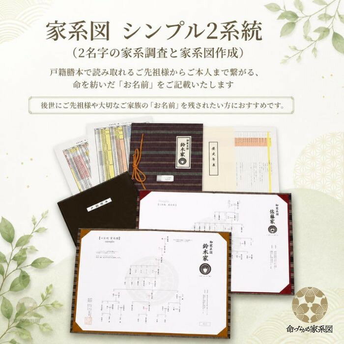 命つながる家系図2系統・シンプル 【商品内容】 ・家系図（お名前のみ記載） ・歴史年表 ・製本カバー（遠州綿紬） ・戸籍謄本 ・戸籍謄本ファイル ・データ入りUSB 【 納　期 】 3ヶ月～4ヶ月（戸籍調査の取得状況による） 【命つながる家系図】全国的にも珍しい女性社長による家系図調査会社【命つながる家系図：シンプル2系統】お名前のみのシンプルな家系図。ご両親、ご夫婦のルーツを辿るのに最適（2名字の家系調査と家系図作成となります）戸籍謄本の情報は遡れるだけ遡って、全てを記載します。ご先祖様やご家族様の大切な｢お名前」を残されたい方にはおすすめです
