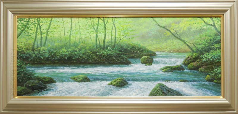 樂天商城 - 絵画　油絵　奥入瀬渓流　（関健造）　送料無料　【肉筆】【油絵】【日本の風景】【横長】