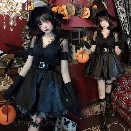 ハロウィン仮装 魔女 コスプレ衣装 ウィッチ コスチューム ワンピース 帽子 手袋 ベルト 4点セット お..