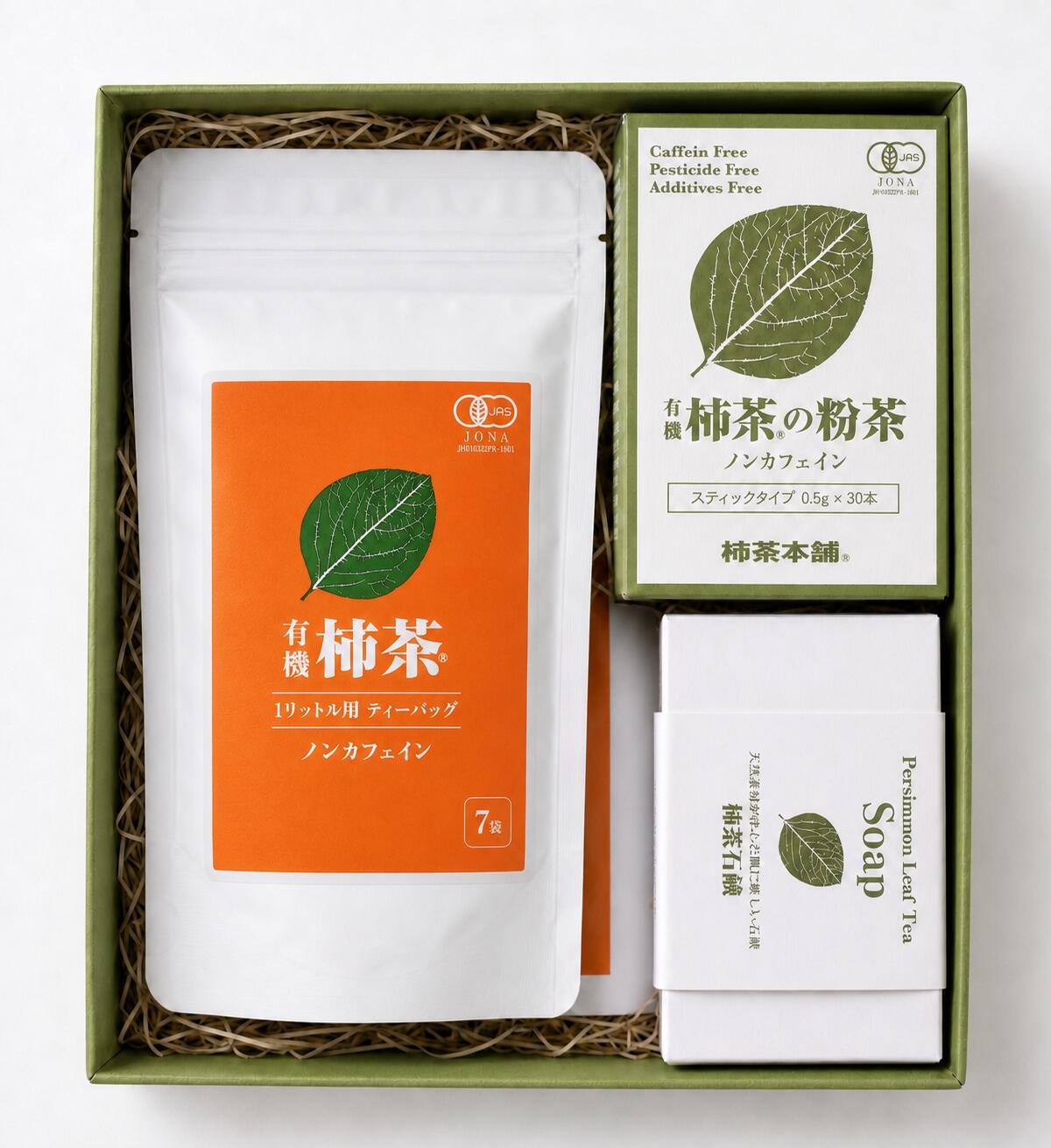 柿茶のおもてなしセット マグカップ用×1袋、1L用×1袋、粉茶30本×1箱、石鹸×1個 　   