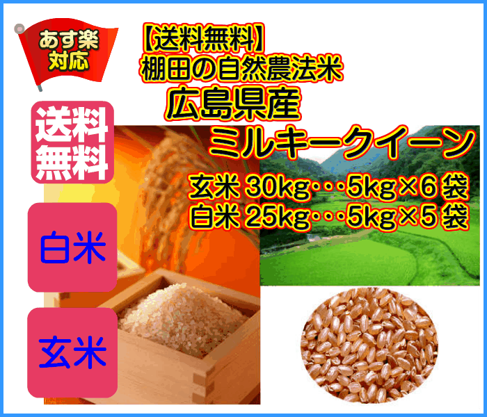 ＜玄米は完売しました＞ミルキークイーン 30kg 送料無料 5kg×6 無地袋広島県産 棚田の自然農法米 令和3年産