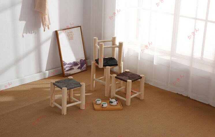 木制 - 木製編物靴交換テーブル小さな腰掛け麻縄藤編み防磨