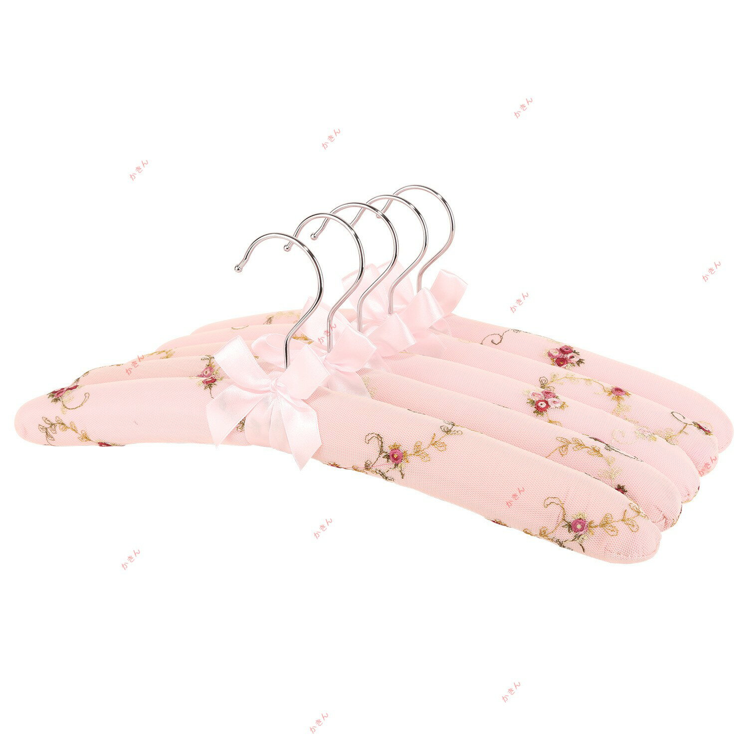 ハンガー 清楚なお花の刺繍 リボン付き 布製 2本セット (ピンク)