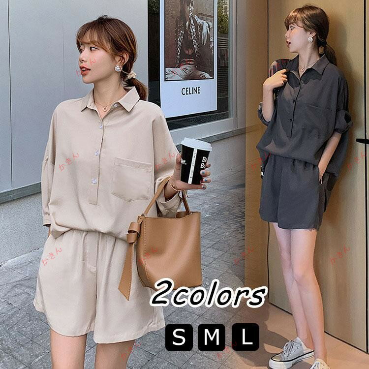 セットアップ レディース 春 夏 カジュアル セットアップ 半袖 ブラウス パンツスーツ 上下セット 通勤 オシャレ 上品 韓国風 着痩せ 大人 30代 40代...