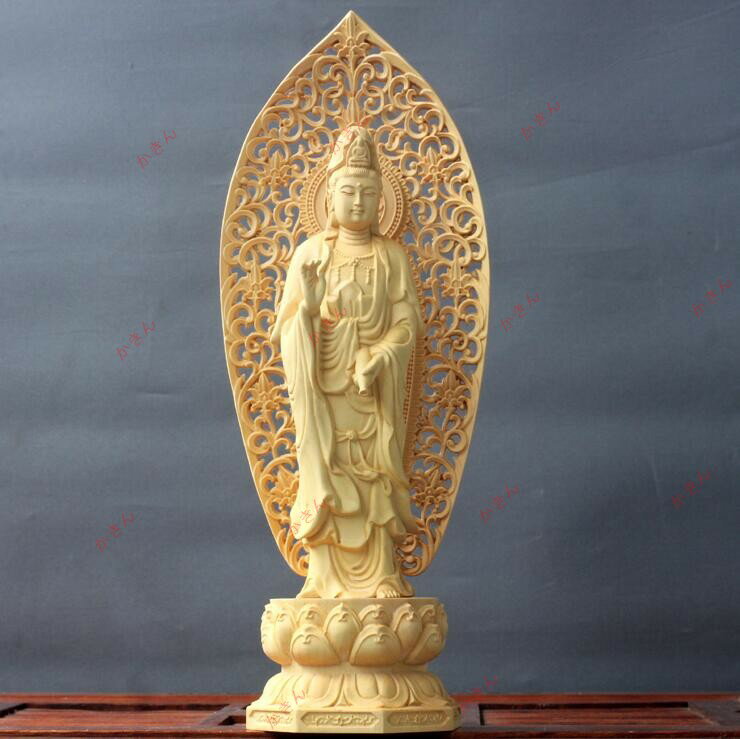 仏教工芸品　黄楊木　時代彫刻　古美術　木彫仏教　精密彫刻 仏師で仕上げ品　観音菩薩立像