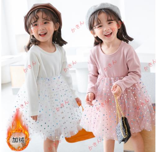 ワンピース 長袖キッズ 秋 冬 水玉 ベビードレス 80 90 100 110 120 春 子供服 チュールワンピース か..