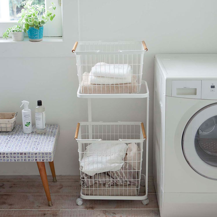 ランドリーワゴン＆バスケットセット トスカ[TOSCA] 【ランドリーラック ランドリー 洗濯 洗濯物 収納 大容量 2段 キャスター 洗濯カゴ キッチン ダイニング リビング ナチュラル ホワイト 白 おしゃれ かわいい 北欧 テイスト yamazaki 山崎実業 インテリア 新生活】
