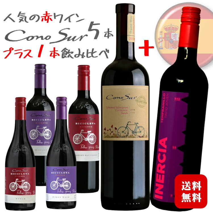 ◆送料無料(一部地域を除く)◆コノスル 人気の赤ワイン5本と＋1本飲み比べセット 750ml×6本 / チリ Cono Sur スペイン vinoscoloman 〔1ケース〕