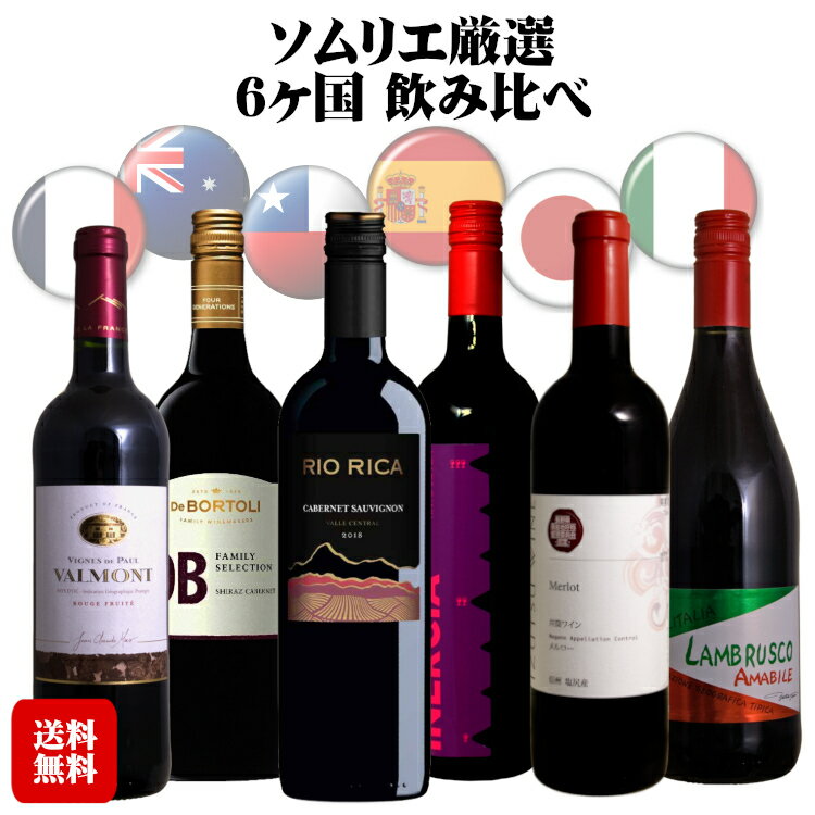 ◆送料無料(一部地域を除く)◆ソムリエ厳選 世界一周 6か国の赤ワイン飲み比べセット / (赤750ml×4本 赤720ml×1本 赤泡750ml×1本) [福箱][福袋]フランス オーストラリア チリ 日本 スペイン イタリア